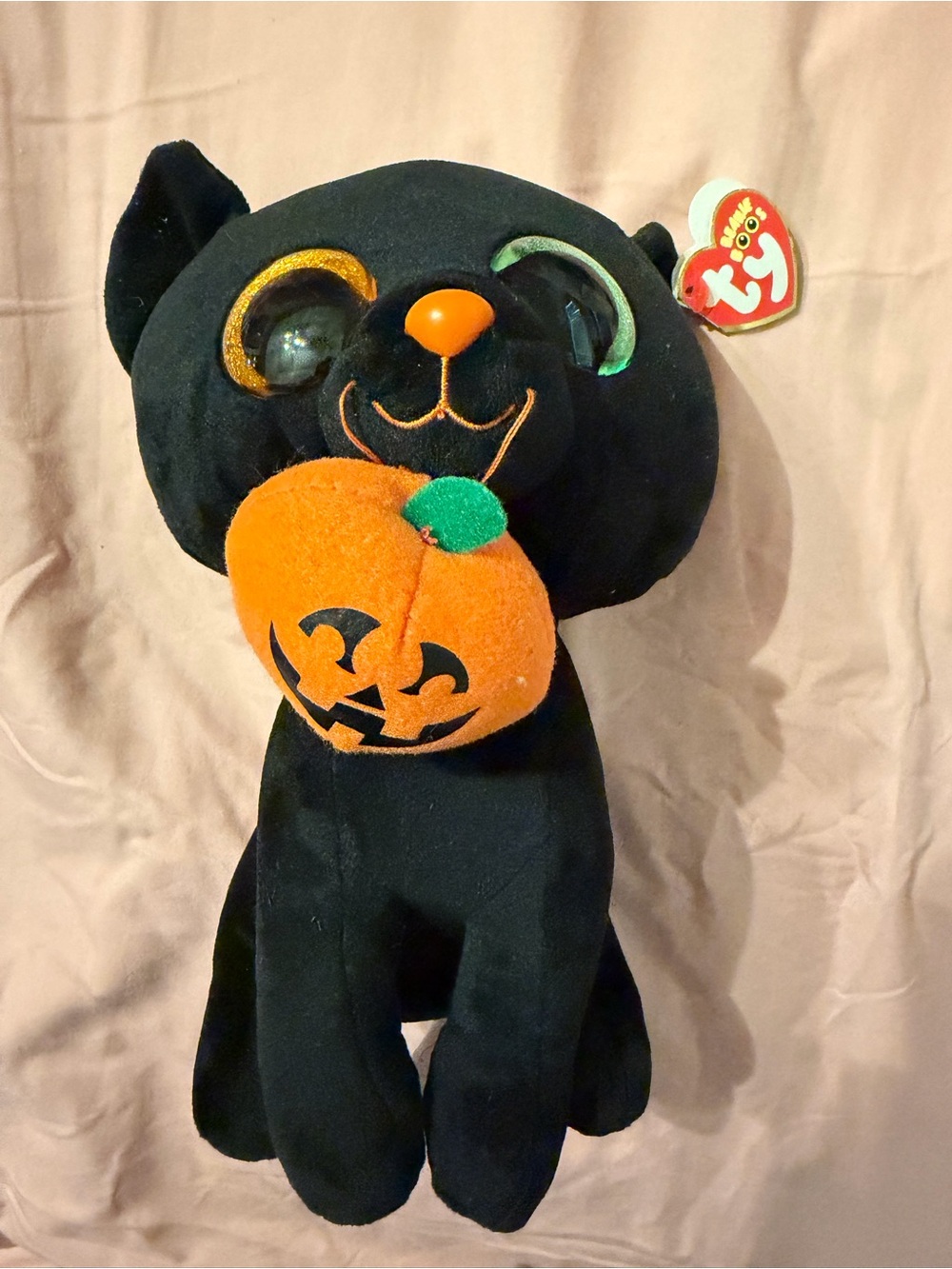 Ty Black Plush Cat Beanie Boo 'Shadow' with Orange Stitching